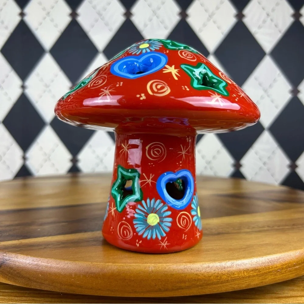 Ceramic Mushroom Tealight Holder Red Boho‎ Folk Art